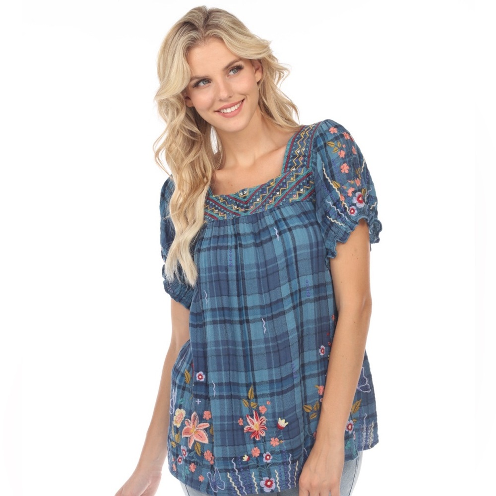 Johnny Was 3X blue plaid embroidered top.